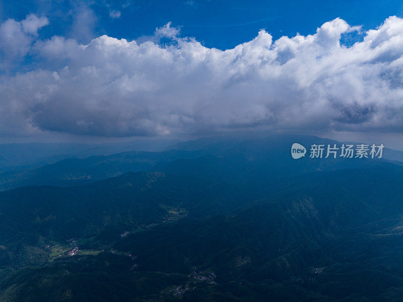 在蓝天白云的群山中俯瞰蜿蜒的道路