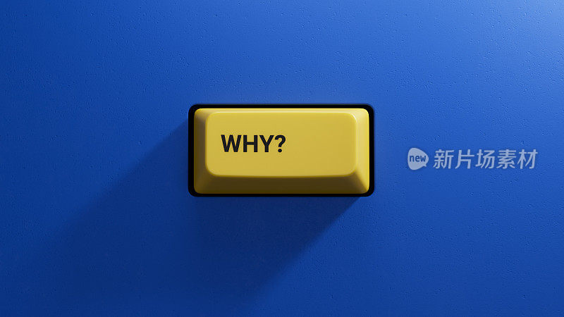 为什么?现代计算机键盘按钮的三维图示。浅黄色按钮。蓝色背景的3D渲染。