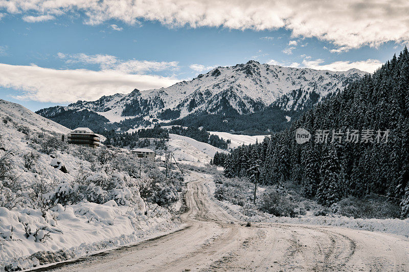 雪道穿过冬季的山林