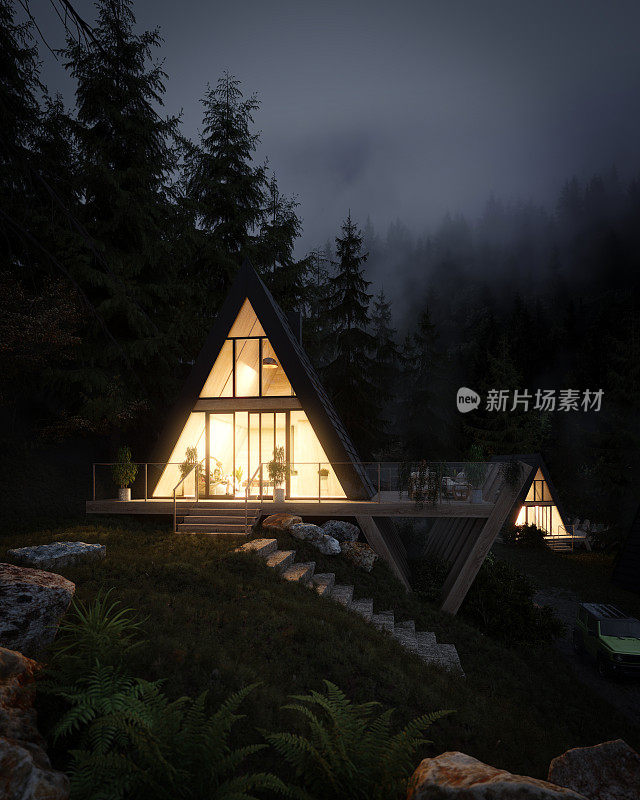 现代森林住宅小木屋(夜间)