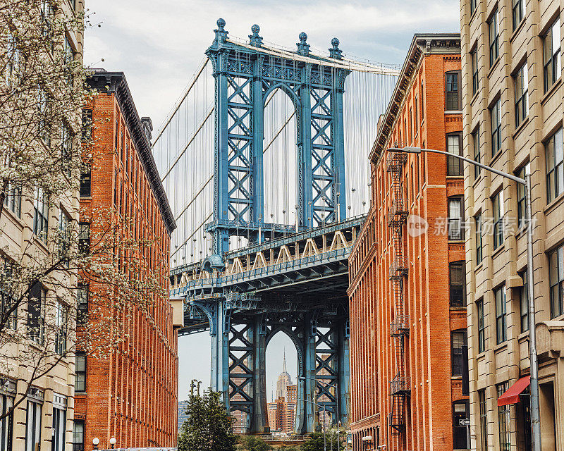 纽约布鲁克林。曼哈顿大桥位于曼哈顿和布鲁克林之间，横跨东河，从两栋砖砌建筑围成的狭窄巷子里望去。