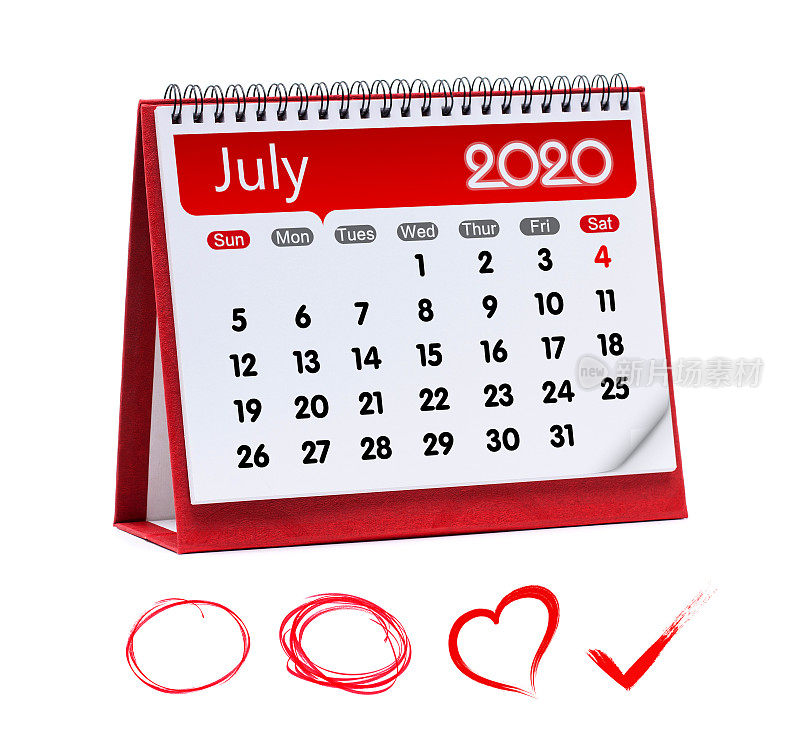 2020年7月日历书孤立在白色背景上