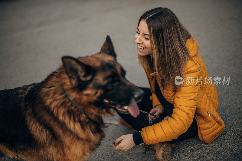 年轻女子和德国牧羊犬在公园里玩