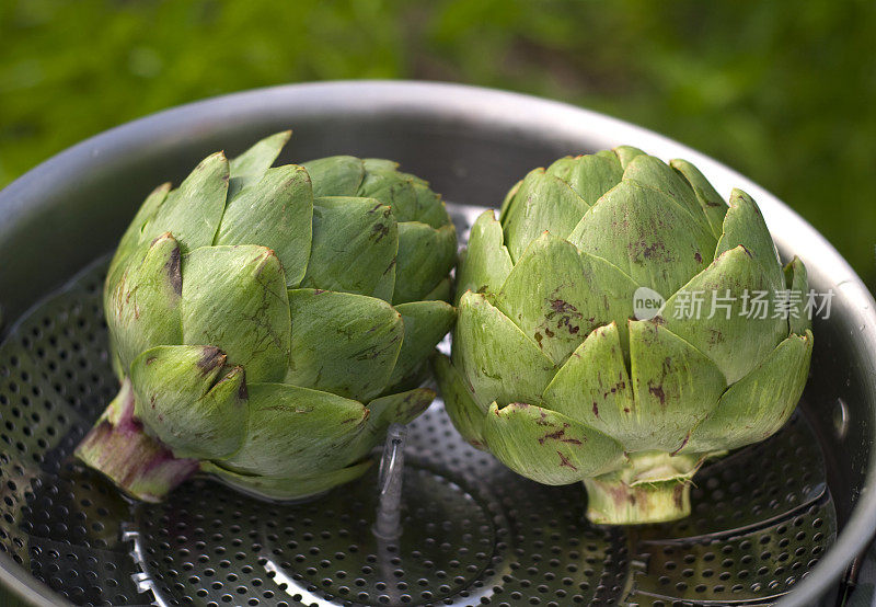 蒸锅煮洋蓟，新鲜食物和春天的青菜