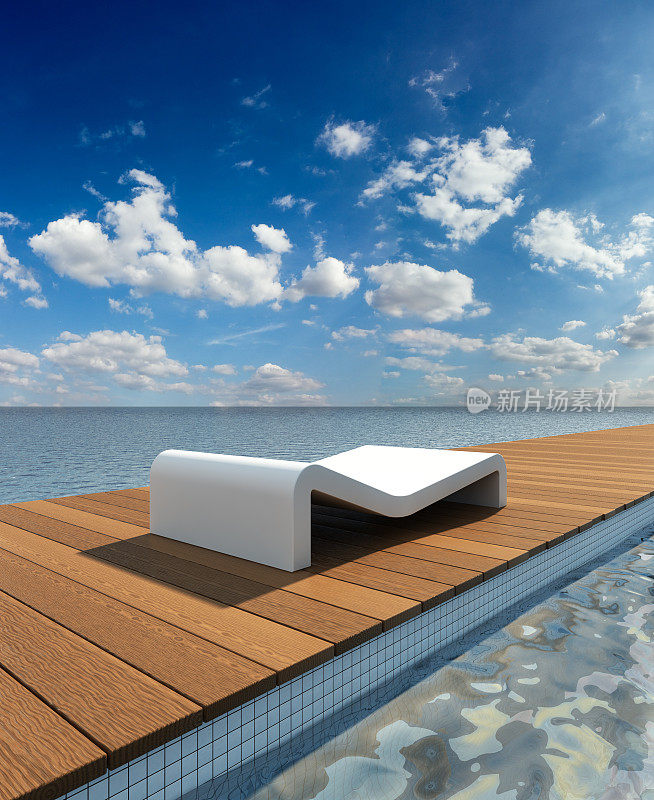 海边游泳池和现代白色日光躺椅