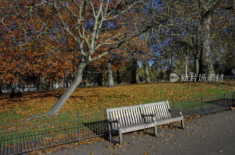 英格兰伦敦圣詹姆斯公园的空长椅