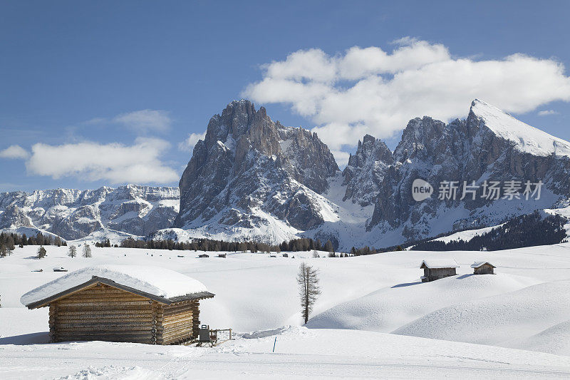 意大利Dolomites的小屋和Langkofel山的冬季风景