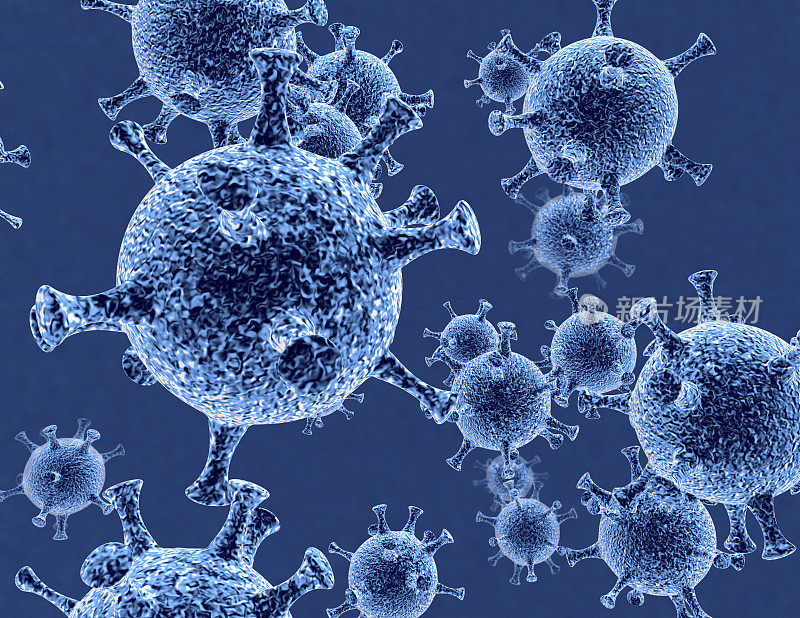 蓝色病毒3d插图渲染医学背景。