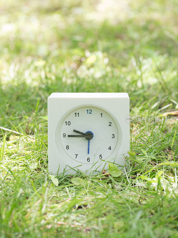 草坪上的白色简单时钟，九点四十五分九点四十五分