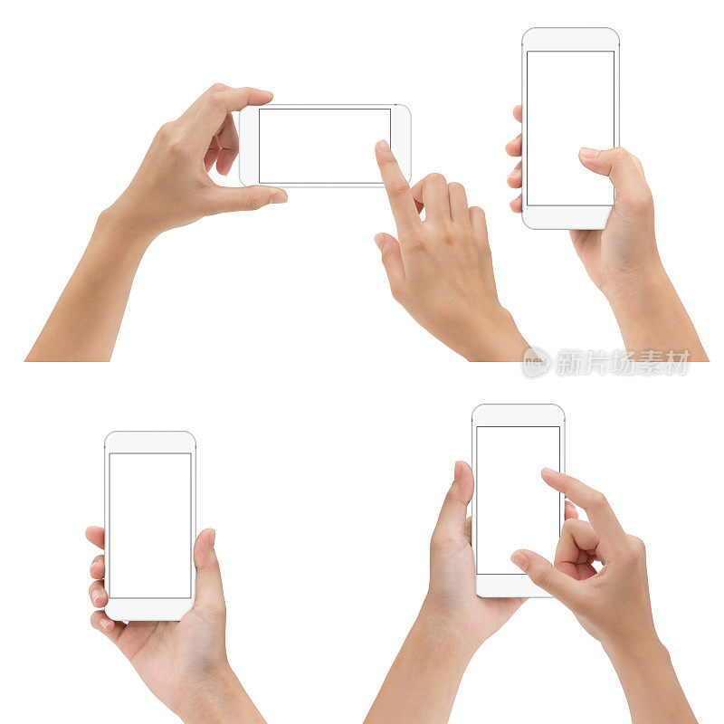 手势保持和使用白色手机孤立在白色背景