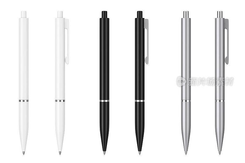 白色，黑色和金属模型圆珠笔的空白空间为您的标志或设计。3d渲染