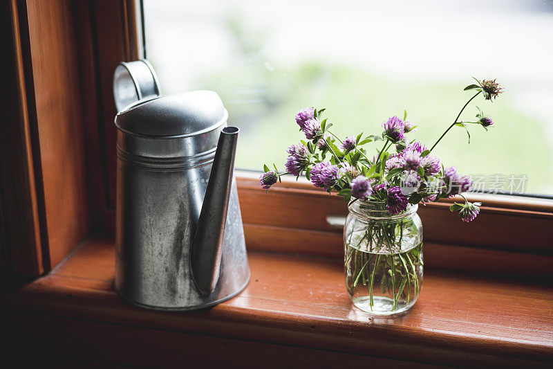 窗边有一个喷壶，装着野紫色的花