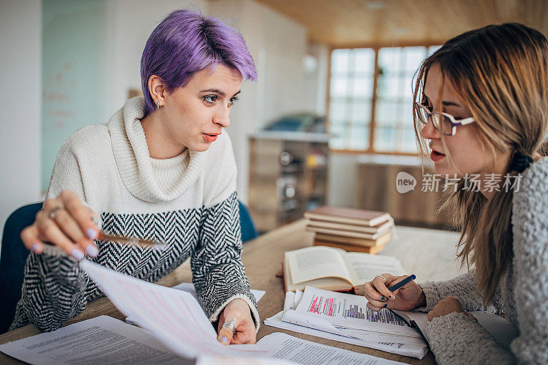 两个女人在家里一起学习