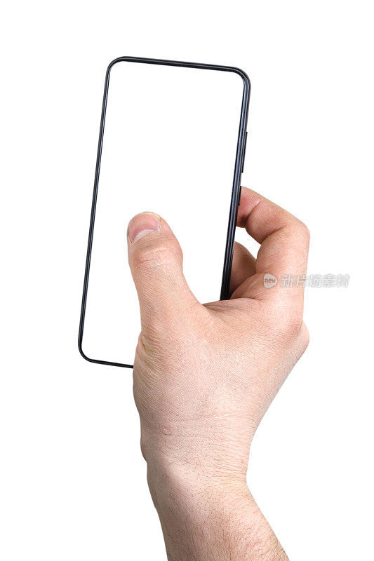 男子手持智能手机手机与空显示屏，孤立在白色背景