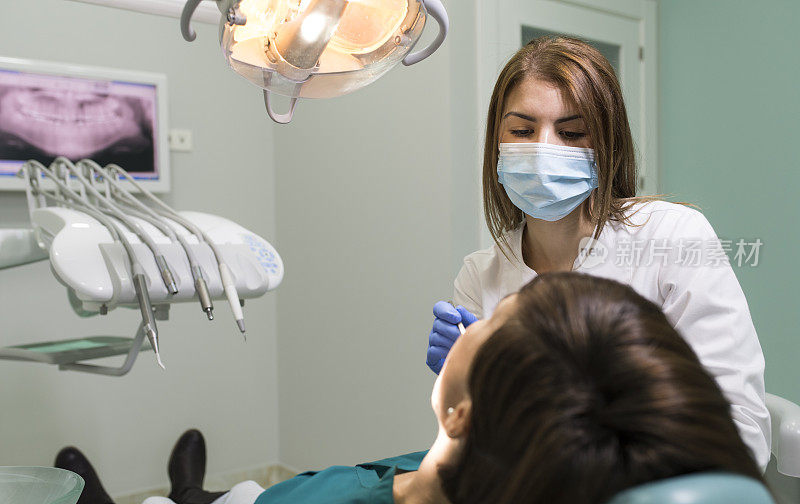 牙科诊所的美女戴着外科口罩检查病人的牙齿