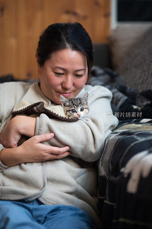 大人抱着一只可爱的小猫