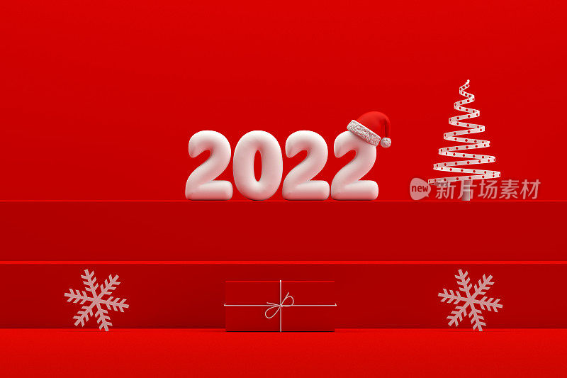 2022年圣诞新年概念，红色背景，楼梯站讲台