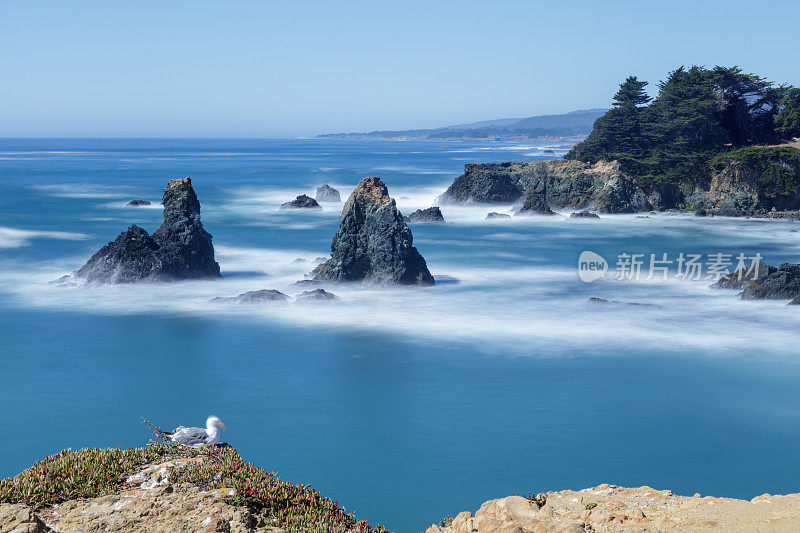 海洋牧场，加利福尼亚索诺玛海景，长曝光，海蚀柱在太平洋