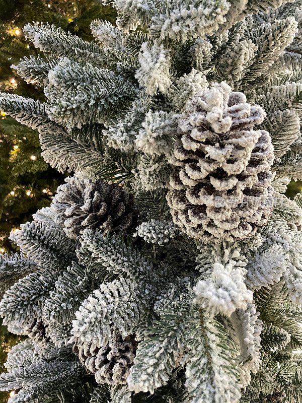 特写图像白色喷松果饰品挂在人造圣诞树的树枝上，云杉针覆盖着人造喷雪，模糊的白色精灵灯背景