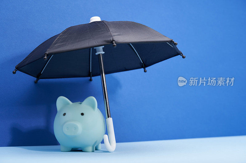 储蓄罐和雨伞。金融保险、保护。极简主义