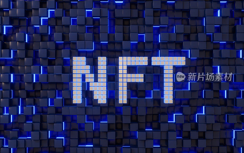 NFT不可替代令牌概念与抽象立方体背景，3d渲染。
