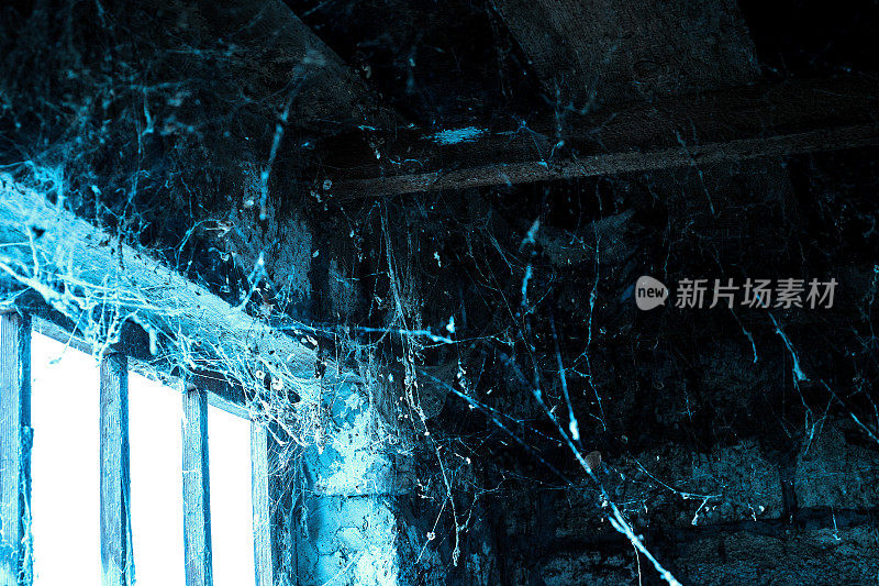 一座废弃的老房子的天花板上挂着一张令人毛骨悚然的蜘蛛网
