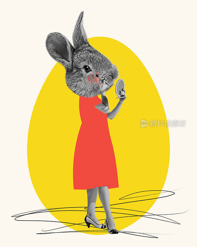 化妆。兔子，兔头在女性身上。白色背景的创意设计。复活节快乐