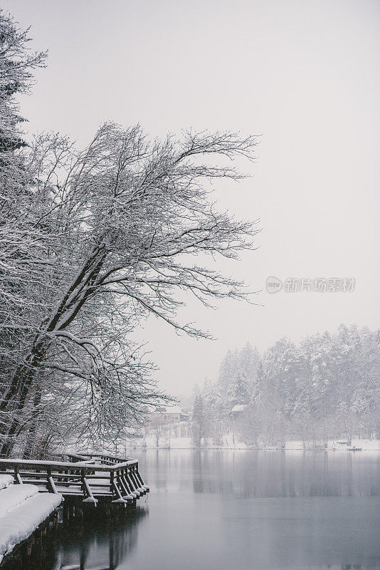 湖边正在下雪