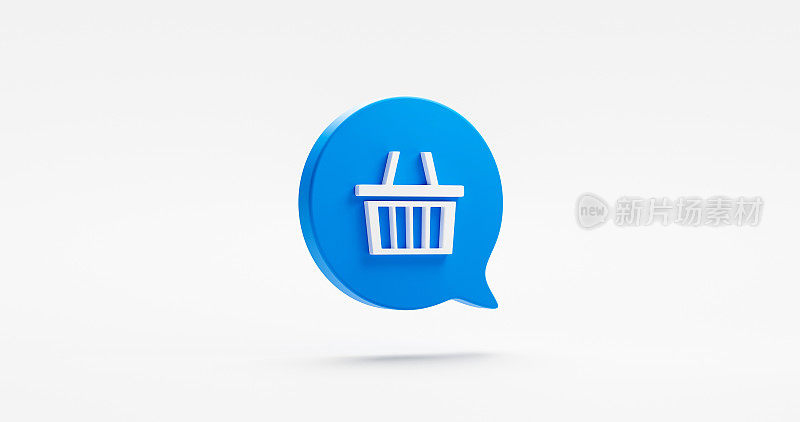 空购物篮三维图标孤立在白色背景的蓝色语音气泡信息市场商店购买购买符号零售网上商店支付购物车标志和超市网站图形按钮。