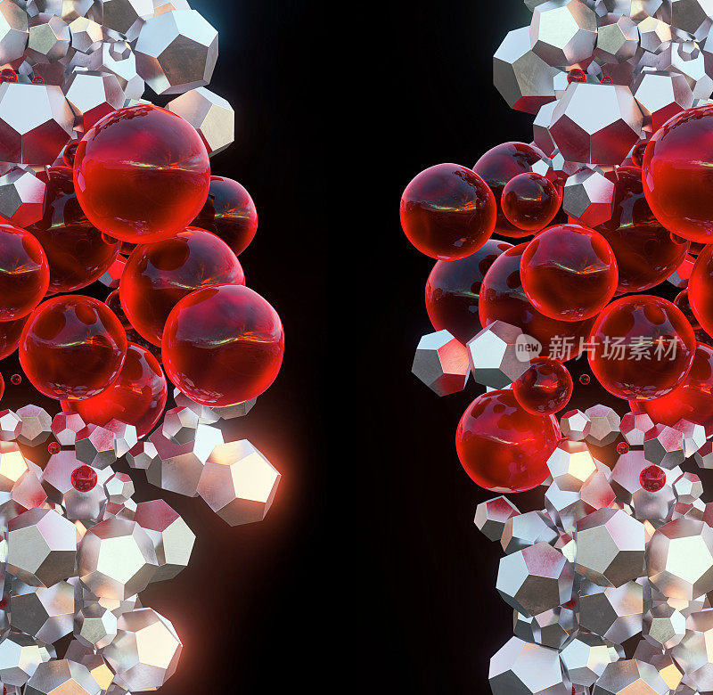 镜面晶体颗粒与黑色背景上的红色球体形成两条链，抽象的三维数字生成图像