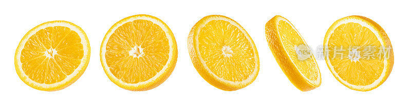 五颜六色的橘子套装。在圆片和轮子上切割，特写，不同的侧面在白色背景上隔离，工作室。夏季新鲜柑橘类水果作为广告、卡片、海报的设计元素。