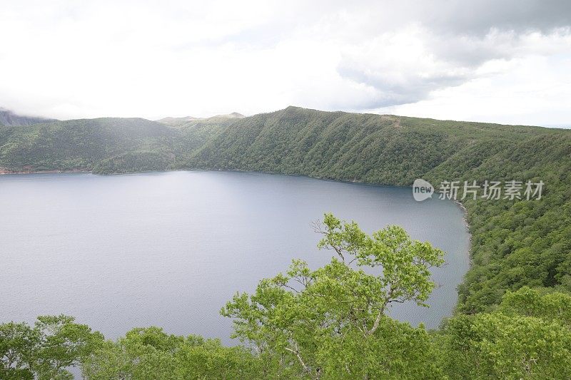 日本北海道的麻须湖和森林斜坡