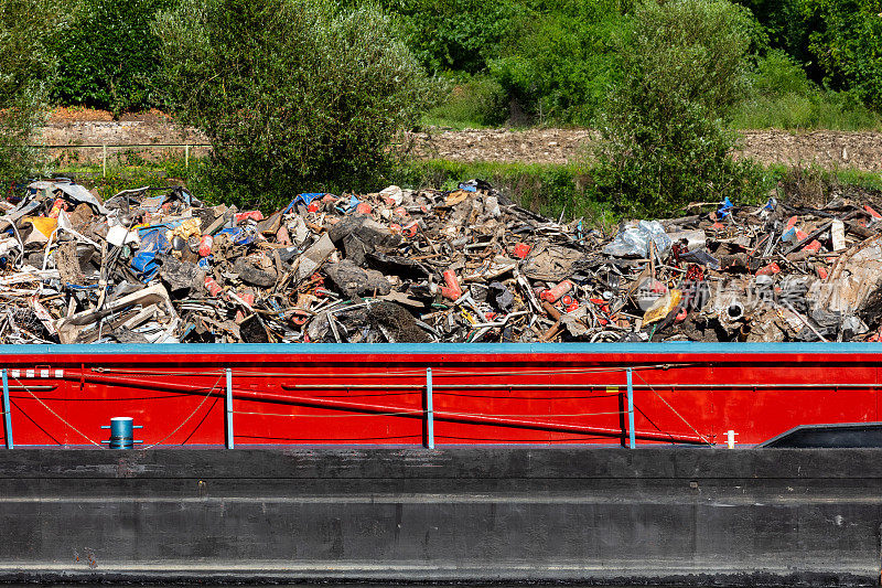 货港的码头上，大量堆积的废金属用于有价值的材料回收，蔚蓝的天空，