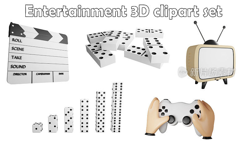 游戏和电影剪贴画元素，3D渲染娱乐和棋盘游戏概念隔离在白色背景图标集No.6