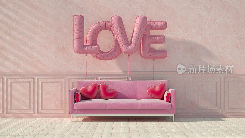 情人节的概念，粉红色的沙发，爱情气球和心形枕头