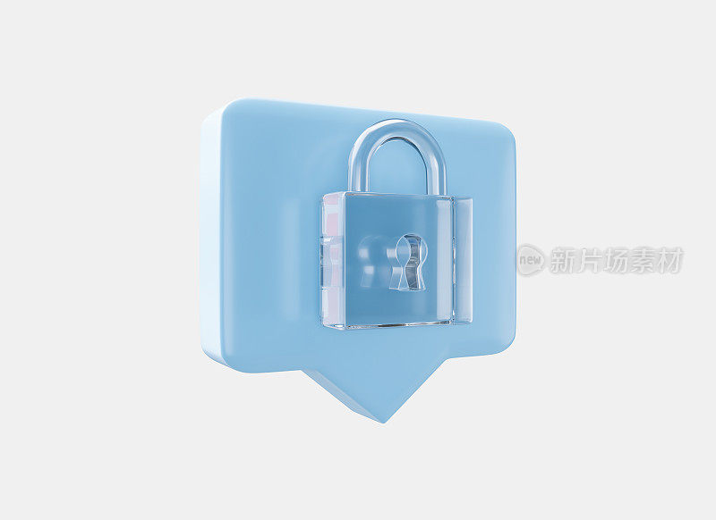 语音气泡与锁定挂锁图标在水晶玻璃风格3d渲染。安全、安全、加密、保护、隐私的概念。网络安全的互联网和联网概念。