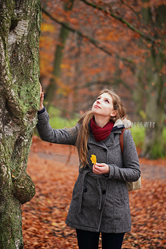 秋天里悲伤的女人和树