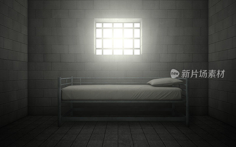 光线透过铁栏窗照射进来的牢房