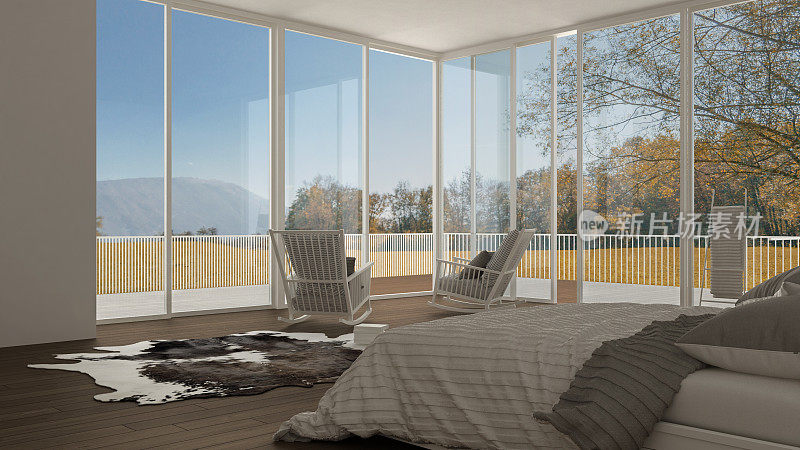 经典的卧室，简约的白色室内设计，大窗户与秋季景观，酒店，水疗中心，度假村