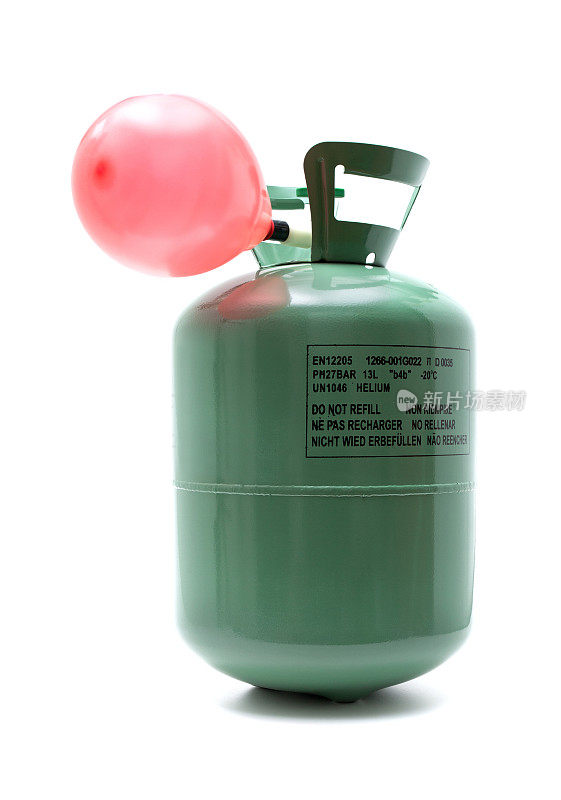 氦气钢瓶和气球隔离在白色背景上