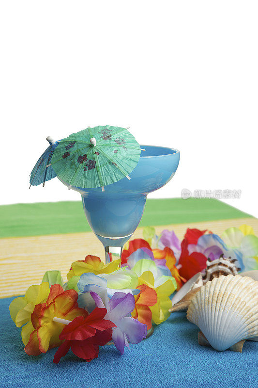 热带饮料条纹海滩毛巾，孤立，雷，贝壳，夏天