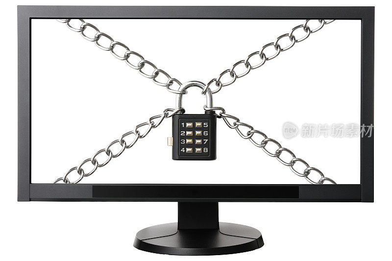 白色背景上有密码锁和链条的电脑显示器