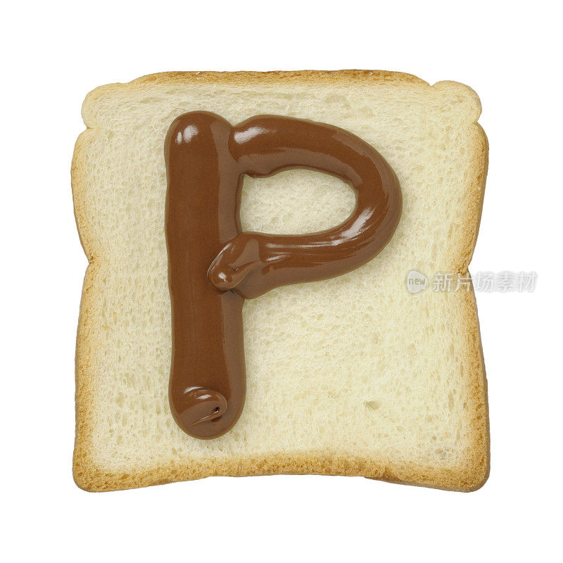 巧克力字母P在锡箔面包片，白色背景
