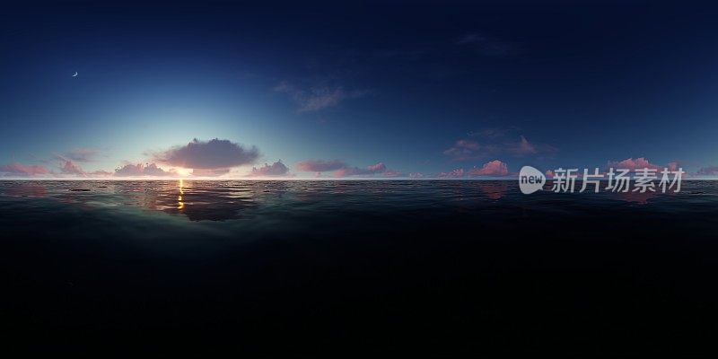 360°全景，美丽的日落天空在海上