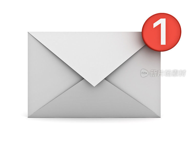 电子邮件通知一个新的电子邮件在收件箱概念孤立的白色背景与阴影。三维渲染