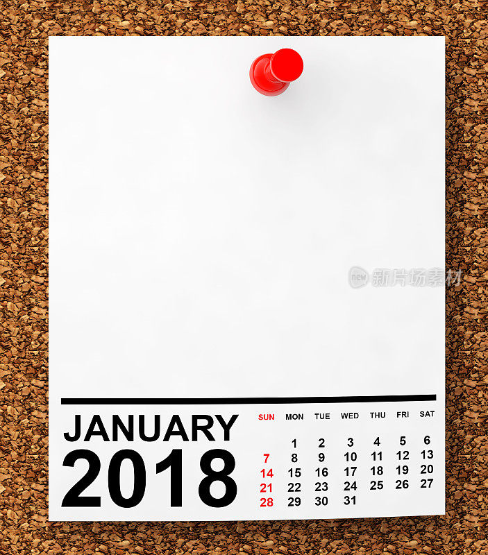 2018年1月日历。三维渲染
