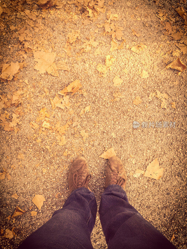 个人观点的男人脚与牛仔裤和棕色鞋在秋天的干燥树叶自拍