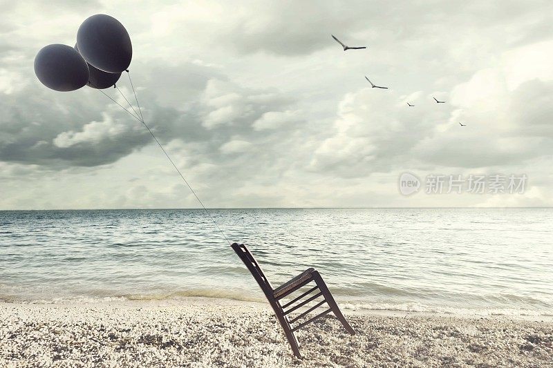 一个超现实的图片，椅子被飞行的气球保持平衡