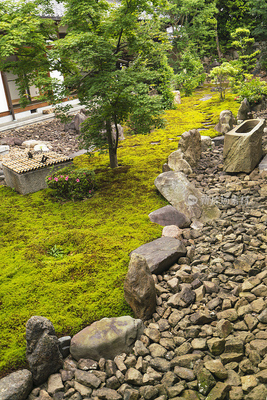 日本京都泉寺的苔藓、石头花园和水箱