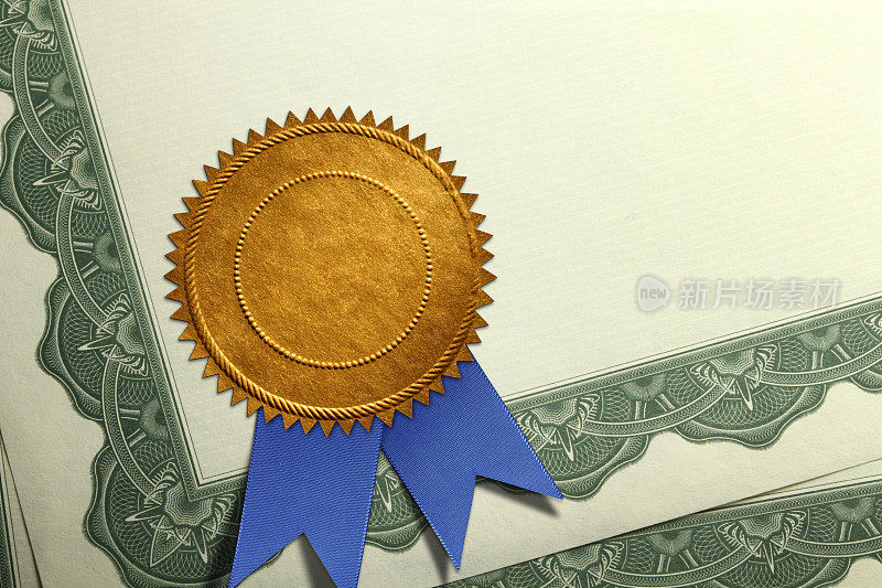 成就证书上的金印章和蓝丝带